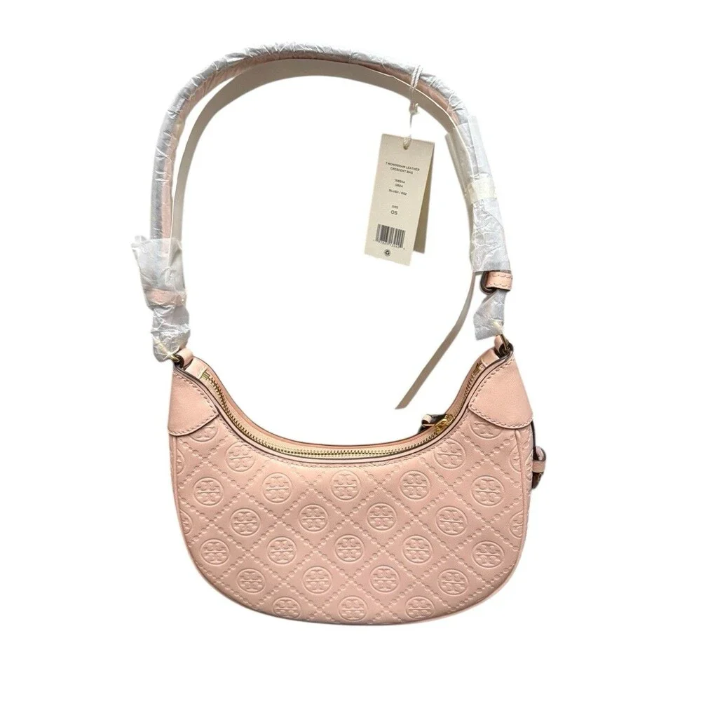 Tory Burch T Monogram Debossed Leather Crescent Shoulder Bag-Blush Pink New $469